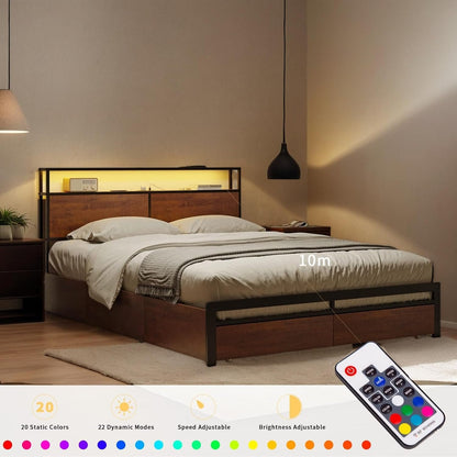 Bed Frame with Storage Headboard & 4 Drawers - LED Charging Station, Silent Metal Platform, No Box Spring Needed (Brown, Queen (U.S. Standard))