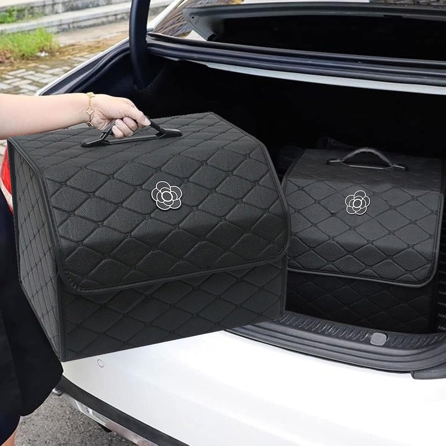 Trunk Organizer for SUV & Sedan, Car Organizers and Storage with Lid Black, Leather Storage Box with Lid, Multi-functional Collapsible Cargo Bins(Large)