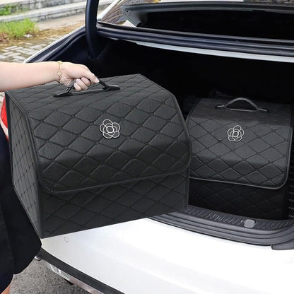 Trunk Organizer for SUV & Sedan, Car Organizers and Storage with Lid Black, Leather Storage Box with Lid, Multi-functional Collapsible Cargo Bins(Large)