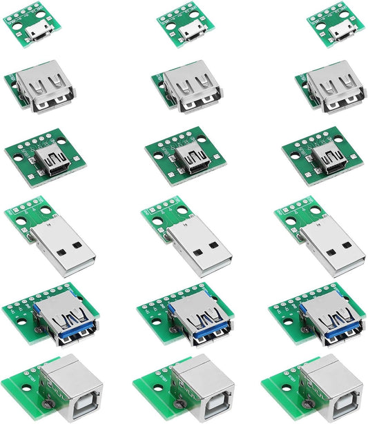 VGOL 18pcs USB to DIP Breakout Adapter Converter Mini 5p USB/2.54 mm 4p/USB 2.0 4p/USB 3.0 Flat/Micro USB Type B/USB Type-B Square PCB Power Breakout Board Module