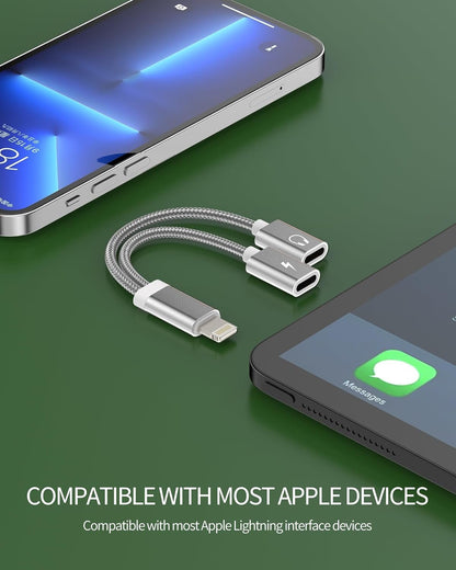 Dual Lightning Jack Splitter Apple MFI Certified (2 in 1) iPhone Headphone Adapter Charge Aux Dongle Cable Charging Earphone Audio Connector for 14 13 12 11 Pro Max X 7 8 Plus Ipad Charger IP-NLFX