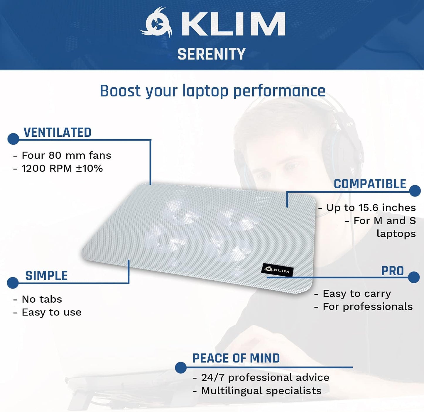 KLIM Serenity + Laptop Cooling Pad for Laptop + 11 to 15.6 inches + Perfect for Small and Medium Laptops + Stable and Sturdy Metal Grid + Silent Laptop Cooling Stand + White
