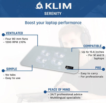 KLIM Serenity + Laptop Cooling Pad for Laptop + 11 to 15.6 inches + Perfect for Small and Medium Laptops + Stable and Sturdy Metal Grid + Silent Laptop Cooling Stand + White
