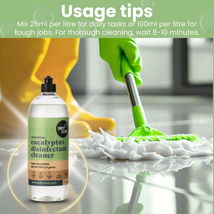 SimplyClean Eucalyptus Disinfectant Concentrated Cleaner - Natural Multi-Surface Cleaner with Pure Australian Eucalyptus Essential Oil - Makes 40 Litres - 1 Litre