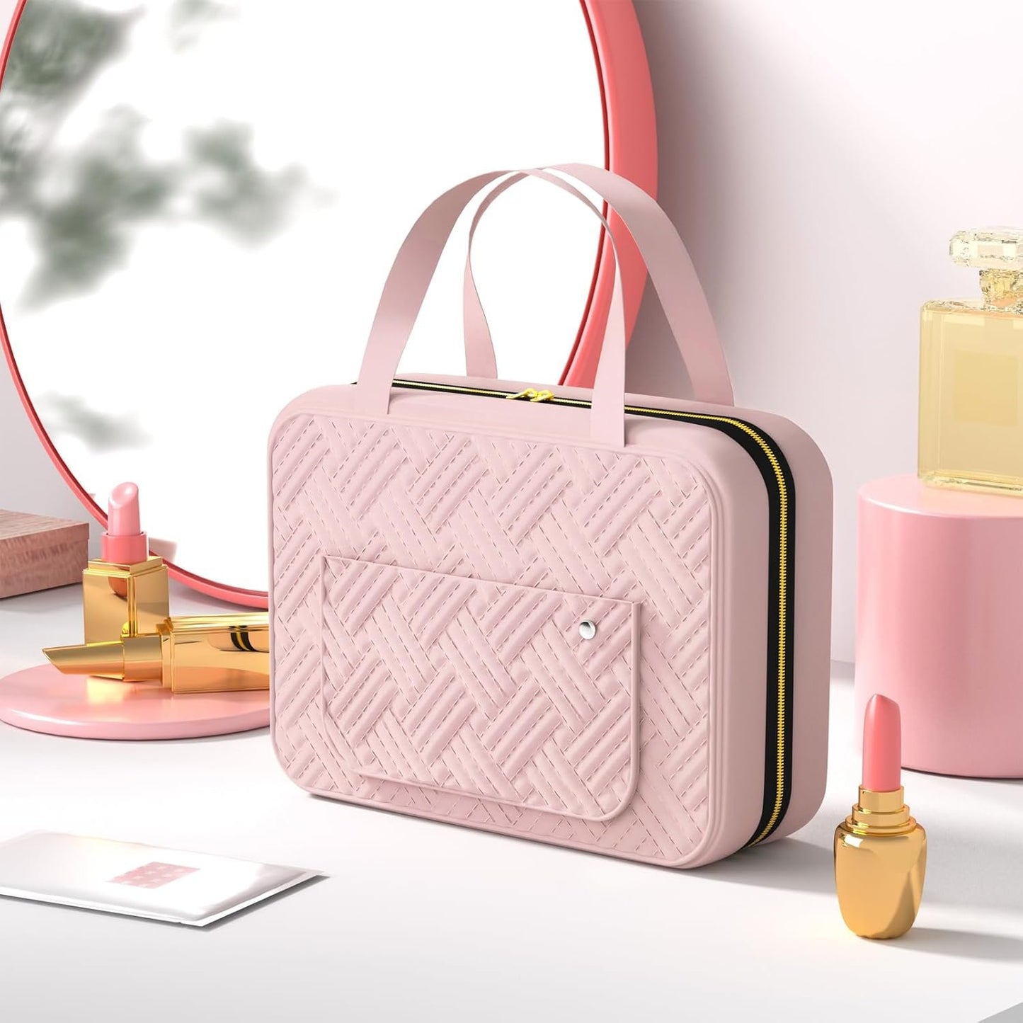 Hanging Travel Toiletry Bag with Hook, 4 Sections Toiletry Bag Travel Bag Water-Resistant Travel Cosmetic Bag Foldable Hygiene Bag for Toiletries, Cosmetics, Makeup, Brushes, Shower (Pink)