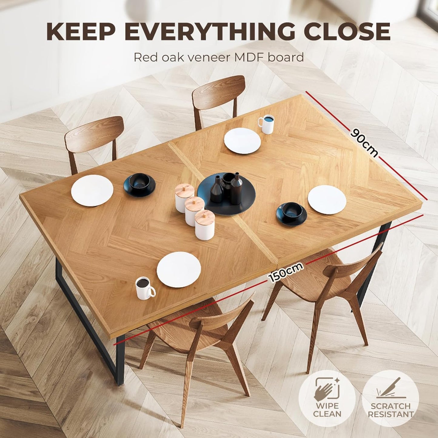 LEVEDE Extendable Dining Table for Large Gatherings, 6-10Seater Wooden Kitchen Table, Modern Metal Legs Dining Room Furniture, Multi-Purpose Desk for Dining, Meeting, Working 150-210 x 90 x 76cm (Oak)