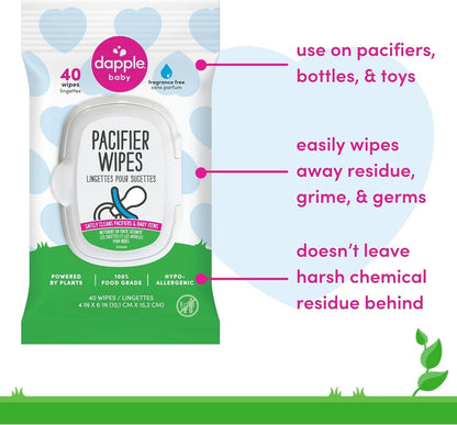 Dapple Pacifier Wipes, for Baby and Toddlers, Diaper Bag Essentials 40ct, Fragrance Free - Pack of 3