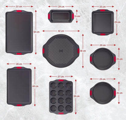 Lagostina Carbon Steel Non Stick Bakeware 8-Piece Set: 2X Cookie Sheets, 2X Cake Pans, Square Cake Pan, Loaf pan, Muffin Pan 12 Cup, Pizza Pan, Black, L404400408