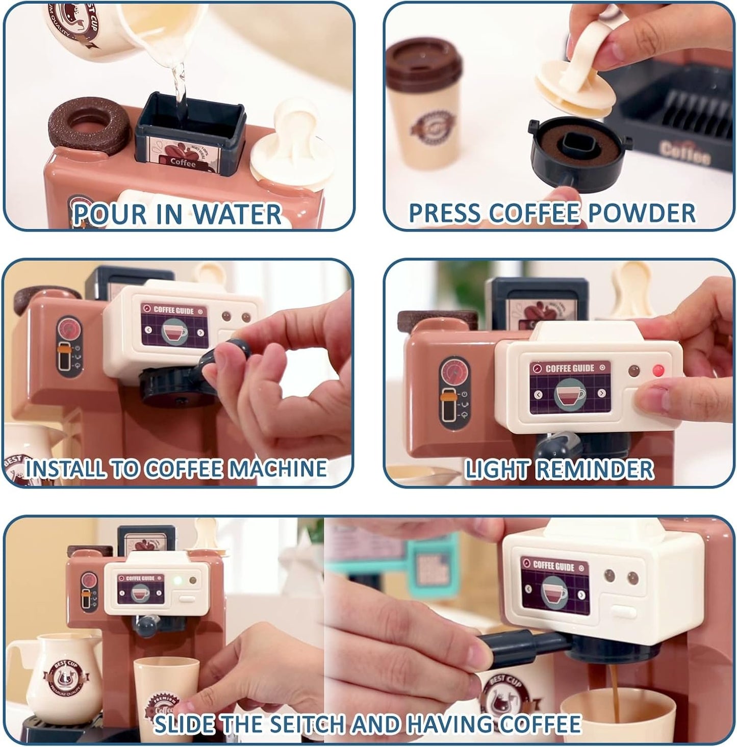 Pretend Play Coffee Maker Toy Role Play Coffee Shop Party Playset with Coffee Machine Cash Registers Toy Food Dessert Donuts Cakes Set Early Learning Funtional Toy for Kids Birthday