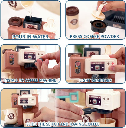 Pretend Play Coffee Maker Toy Role Play Coffee Shop Party Playset with Coffee Machine Cash Registers Toy Food Dessert Donuts Cakes Set Early Learning Funtional Toy for Kids Birthday