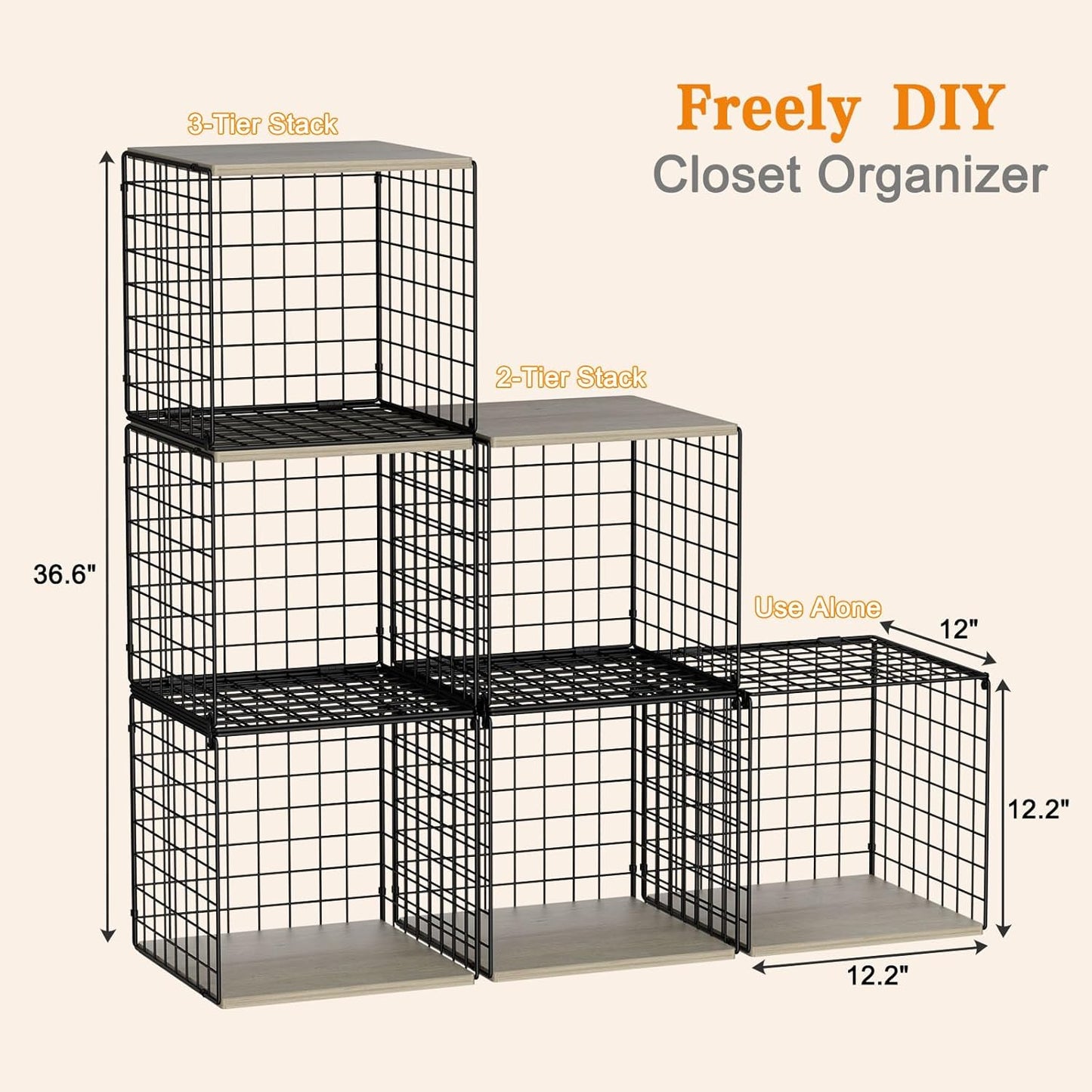 3PCS Stackable Closet Organizers and Storage, Shelves with Wood Top Extra Storage, Clothes Organizer Basket, Bin, or Tube for Wardrobe and Home Organization (Black-Sturdy Metal) Patent Pending