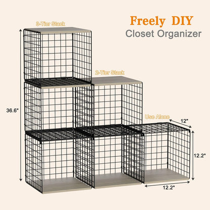 3PCS Stackable Closet Organizers and Storage, Shelves with Wood Top Extra Storage, Clothes Organizer Basket, Bin, or Tube for Wardrobe and Home Organization (Black-Sturdy Metal) Patent Pending