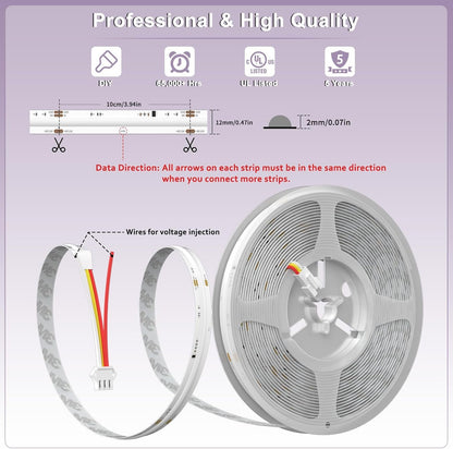 RGB Smart IC COB LED Strip Light,32.8ft Color Chasing Flexible DC24V LED Tape Light,WS2811 Addressable RGB Ribbon,for Party/Home/Office DIY Lighting Projects(Power Supply&Controller NOT Included)