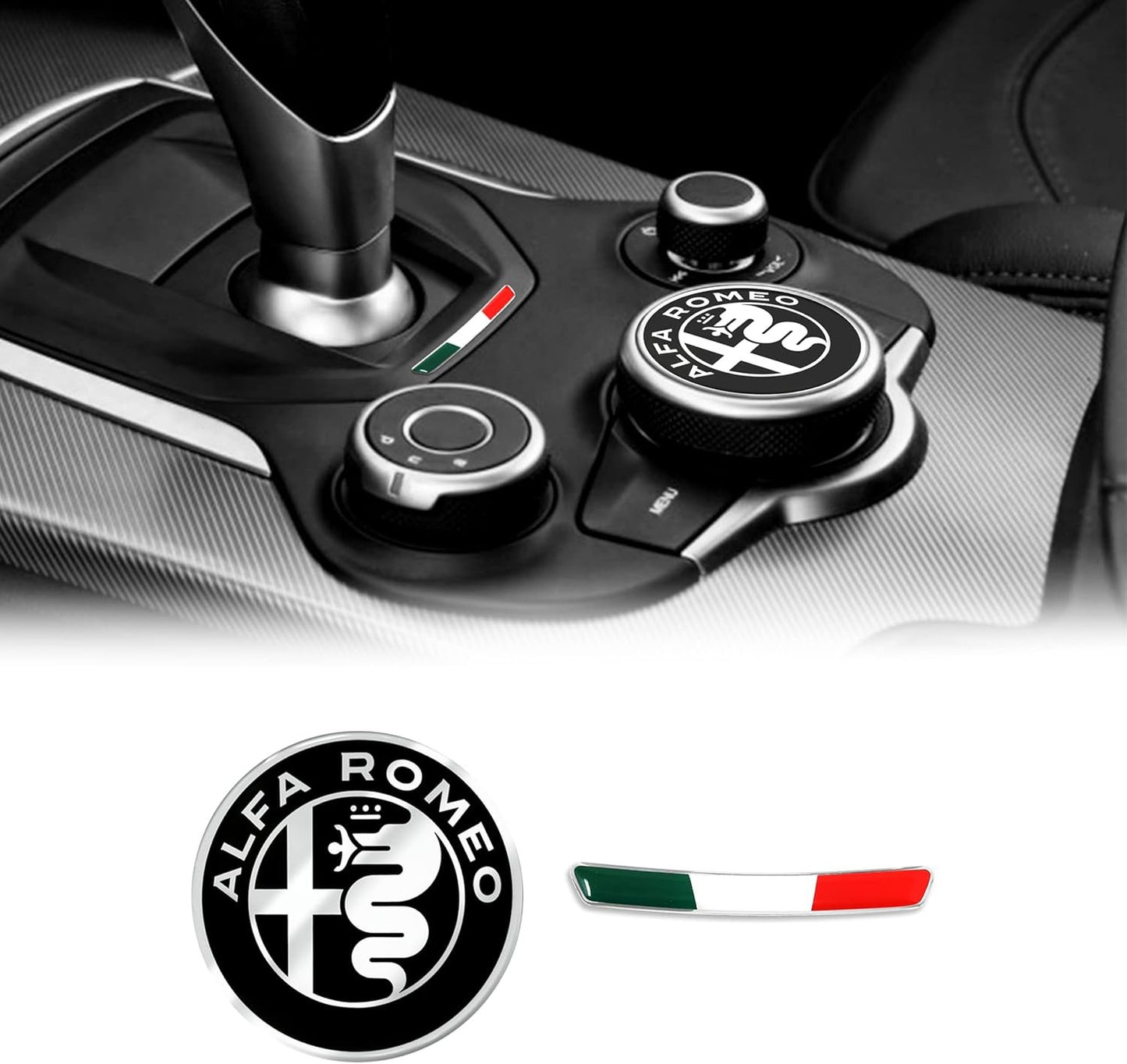 4R Quattroerre.it Sticker Kit Alfa Romeo Logo 51 mm + Flag for Giulia Stelvio Interior