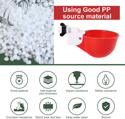 Psarnuk Chicken Waterer Cups (16 Pack/Red) - DIY Automatic Large Chicken Water Feeder for Ducks Quail and Various Poultry Dispenser with Matching Drill, Double Rubber Ring, Not Leaking Wate