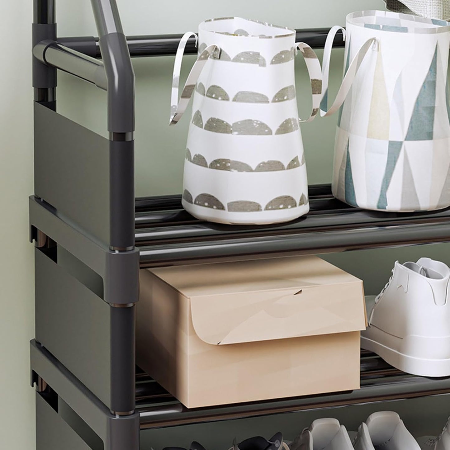 Generico Appendiabiti da Ingresso con scarpiera a 2 Ripiani per Soggiorno e Camera da Letto – Elegante Mobile in Tessuto Nero e Grigio, Organizer salvaspazio per Ingresso, 60 cm