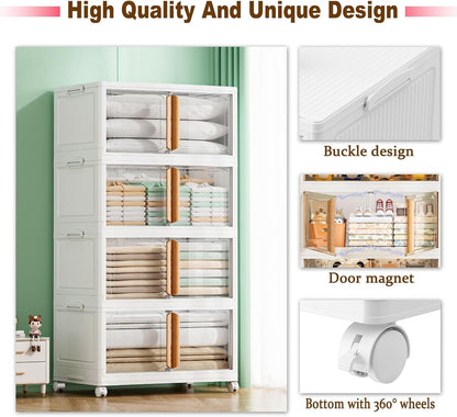 Storage Bins with Lids - 4-Tier Closet Organizer Stackable Bathroom & Bedroom Boxes, Space-Saving Water-Resistant Storage Box with Handles & Wheels for Toilet, Dorm, Home Organization