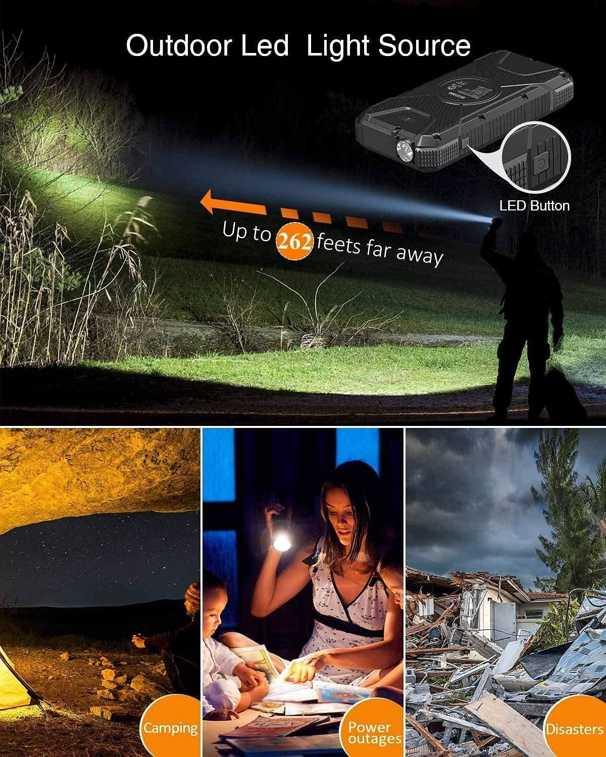Solar Power Bank 26,800mAh, Wireless Solar Charger IPX6 Waterproof, Solar Battery Charger 3 Outputs USB C with LED Flashlight Compass, Solar Phone Charger for iPhone Samsung Tablet Camping Outdoor