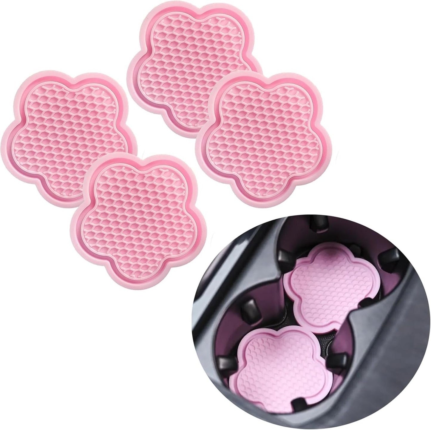MAEZOE 4-Pack Car Cup Coaster, Universal Auto Non-Slip Cup Holder Embedded in Ornaments Silicone Coaster, Car Interior Accessories (Pink)