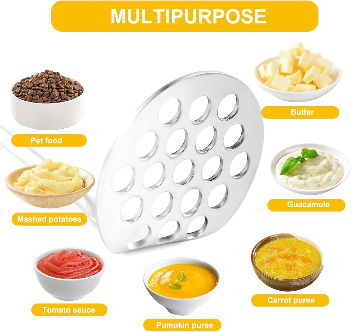 Metal Potato Masher - Beans Smasher,Metal Kitchen Tool Baby Food Meat Non-Slip Masher Rust-Proof for Cooking Prep