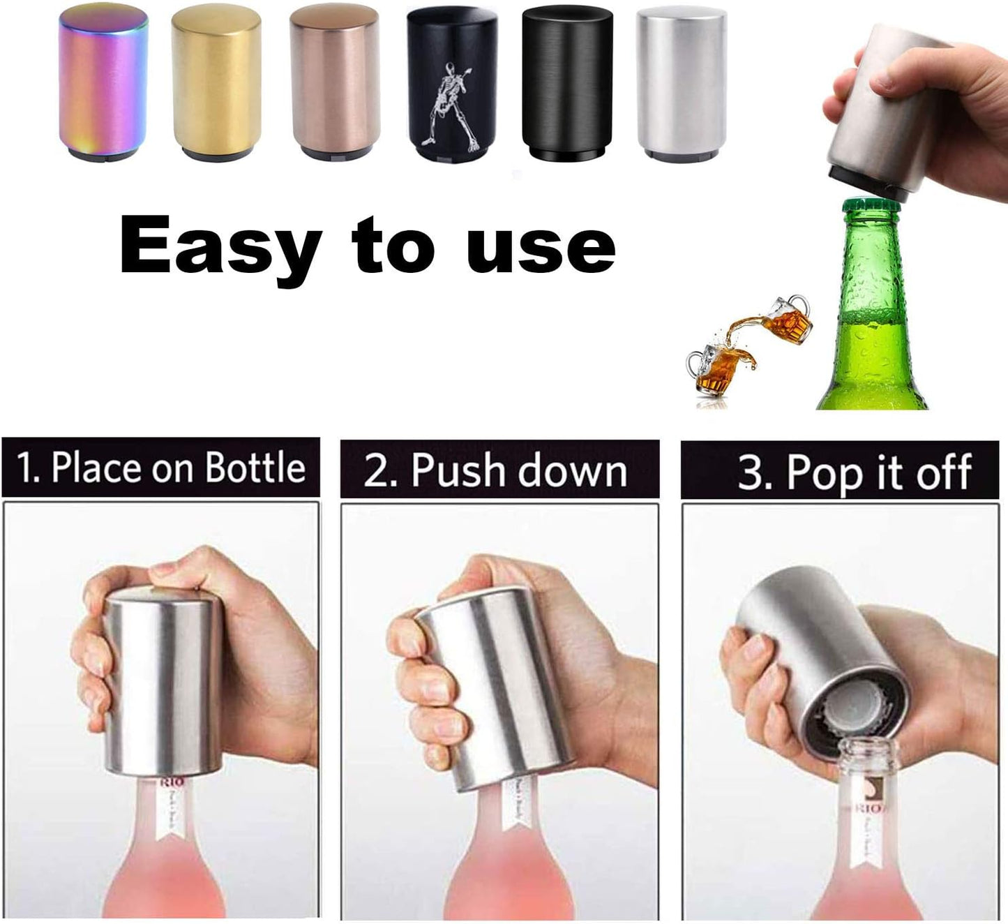 Push Down Bottle Opener,Magnetic Beer Bottle Opener,Press Down Automatic Bottle Opener,Magnet Beer Cola Soda Crown Cap Top Bottle Opener Tool Kitchen Gadgets Accessories Gifts for Men