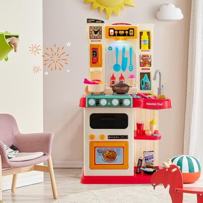 HONEY JOY Kids Play Kitchen, 65PCS Pretend Kitchen Play Toy Accessories Set w/Play Sink, Realistic Lights Sounds, Steam Simulation, Cooking Play Kitchen Playset w/Water Circulation for Children (Pink)