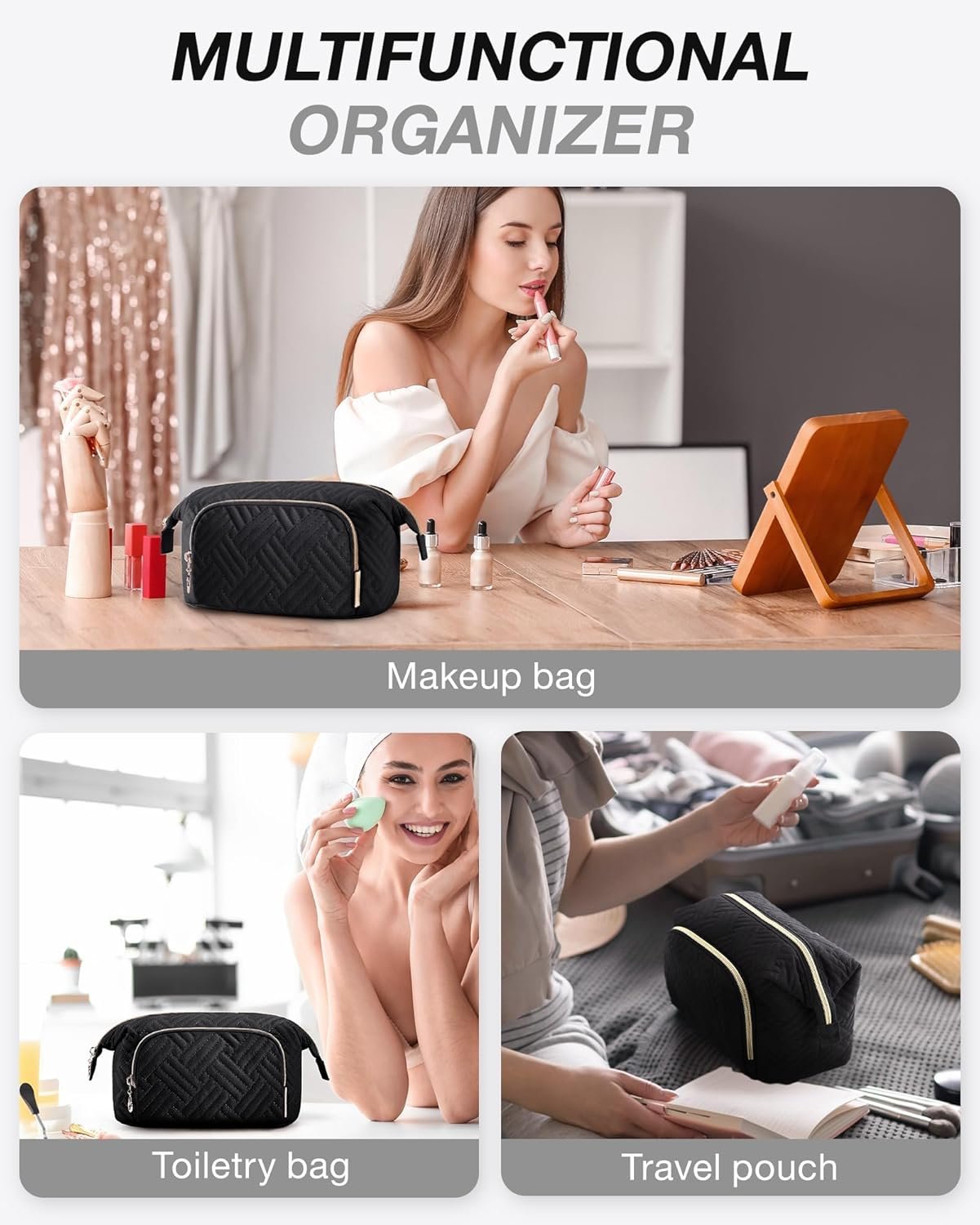 BAGSMART Travel Makeup Bag, Cosmetic Bag Make Up Organizer Case,Large Wide-Open Pouch for Women Purse for Toiletries Accessories Brushes, Black