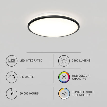 Artika Smart LED Flush Mount Light, Matte Black Finish, Dimmable, Adjustable Warm to Cool White, RGB Ambient Mode, Syncs with Music, LED Lights for Bedroom, Bedroom Light Fixtures Ceiling