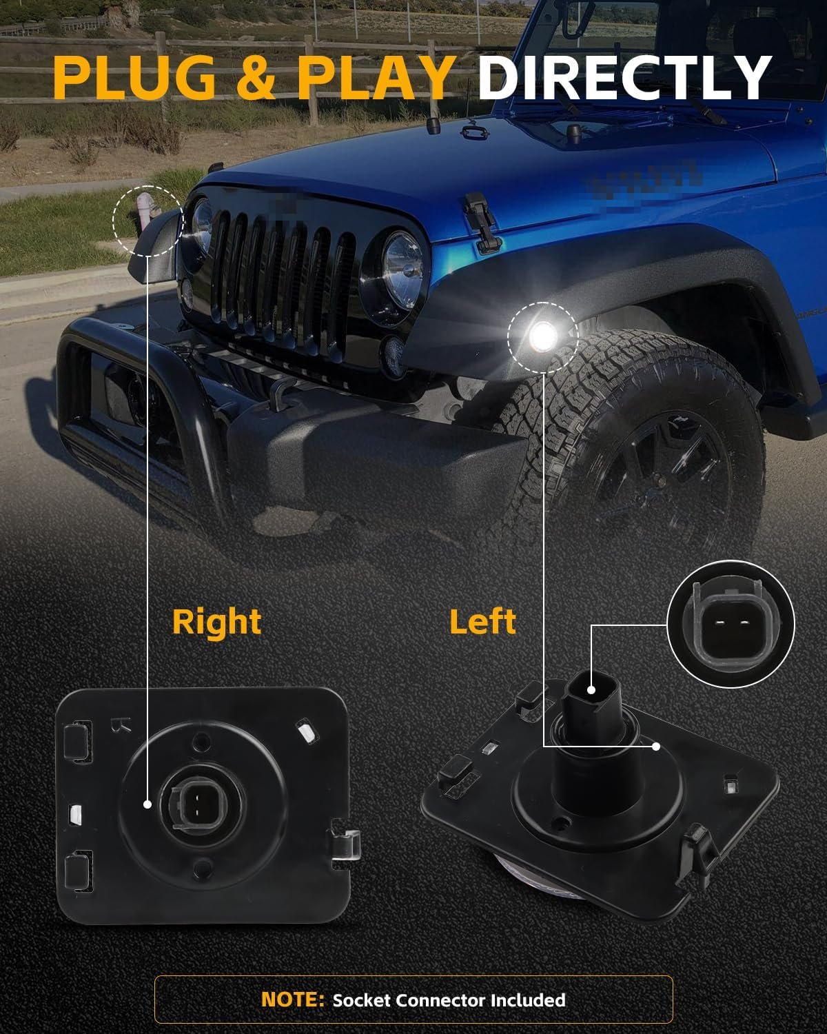 GSOWO Front Fender LED Side Marker Lights for 2007-2019 Je-ep Wrangler JK, Clear Lens Side Bumper Marker Lamps, [Super-Bright] White LED Side Markers Turn Signal Lights, 2 PCS