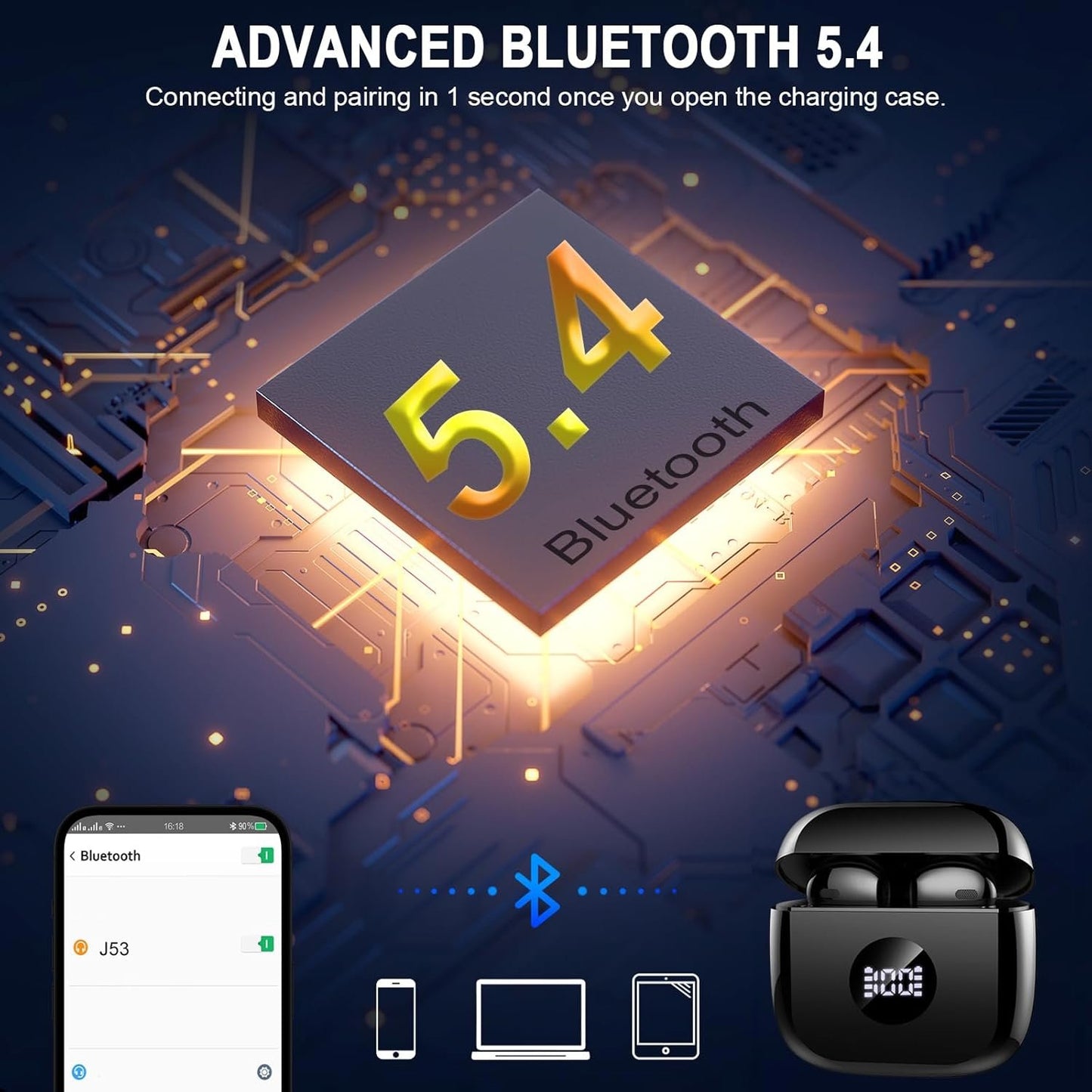 Wireless Earbuds, Bluetooth 5.4 Headphones HiFi Stereo, Wireless Earphones with 4 ENC Noise Cancelling Mics, 40H Playtime Ear Buds with LED Display, IP7 Waterproof Bluetooth Earbuds USB-C Charge