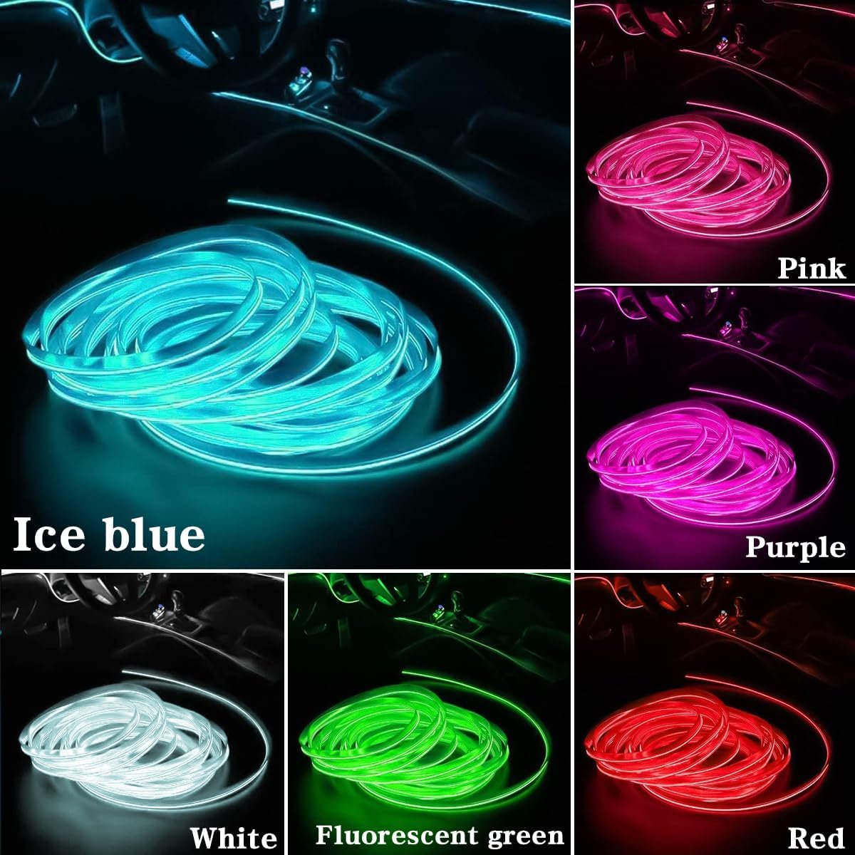 TSUGAMI EL Wire Car Interior LED Strips Lights, 16FT 5V USB Auto Neon Light Strip, Electroluminescent Vehicle Interior Ambient Lighting Decor Accessories, Universal for RV, SUV, Truck (Red)