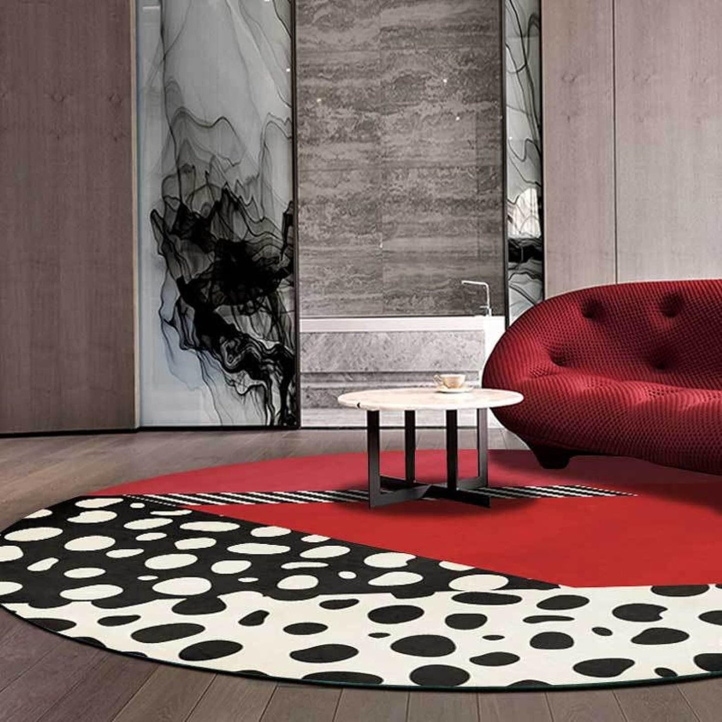 Round Rug Living Room Rugs Non-Slip Washable Modern Carpets for the Home, Simple Red and White Spots, Diameter 60 cm