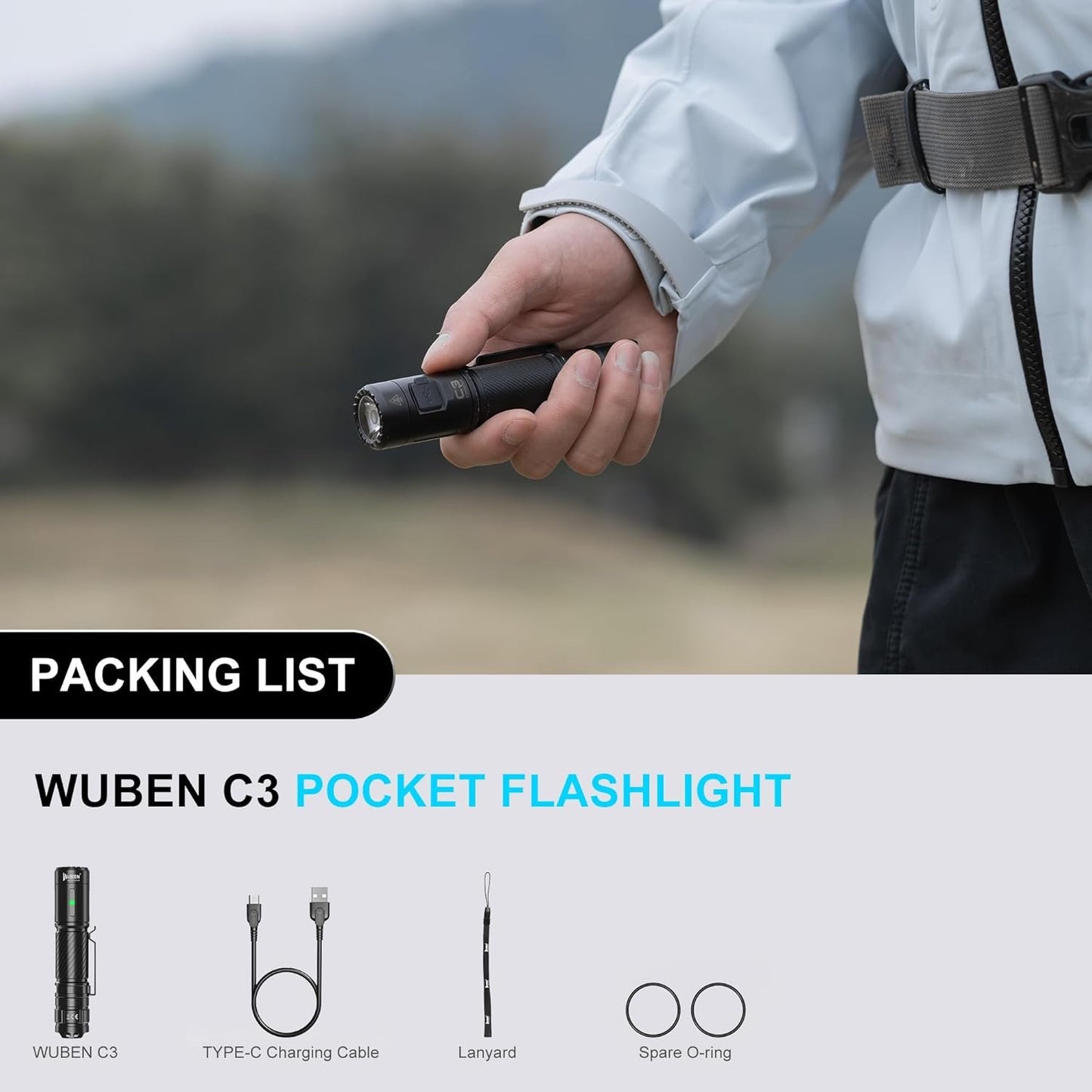 WUBEN C3 Flashlight Rechargeable 1200 High Lumens, LED Tactical Flashlight Super Bright, IP68 Waterproof Flash Light with 6 Modes, Lampe de Poche for Outdoor, Emergency, Camping, Hiking, Home