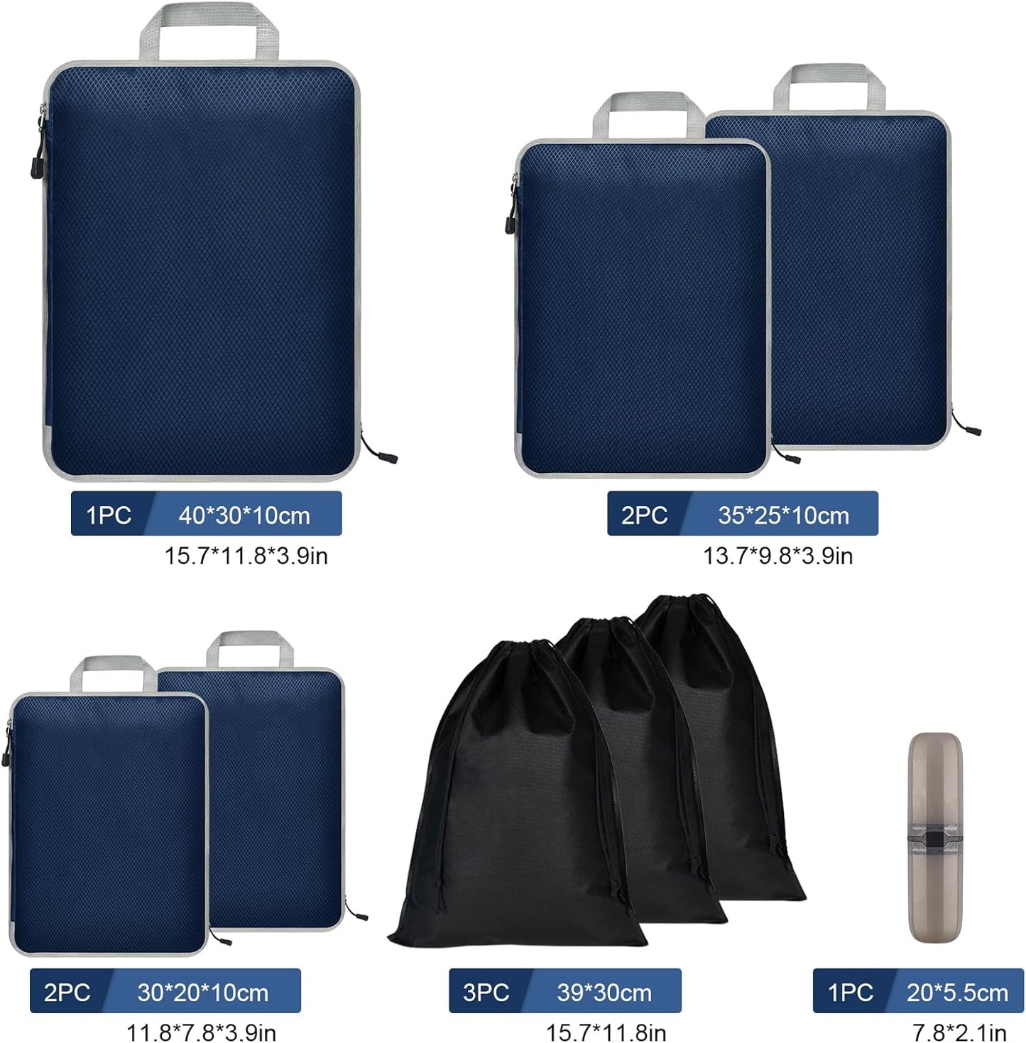 Eucomir Suitcase Organizer Set of 9 Cubes for Travel, Expandable Organizer Bags for Travel or Home Storage, Marine