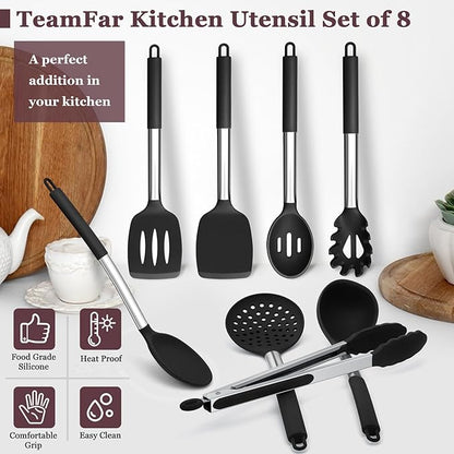 TeamFar Kitchen Utensils Set of 8, Silicone Utensils Kitchen Tools Set with Stainless Steel Handle, for Frying Serving Flipping Draining, Non-toxic & Heatproof, Nonstick & Dishwasher Safe - Black
