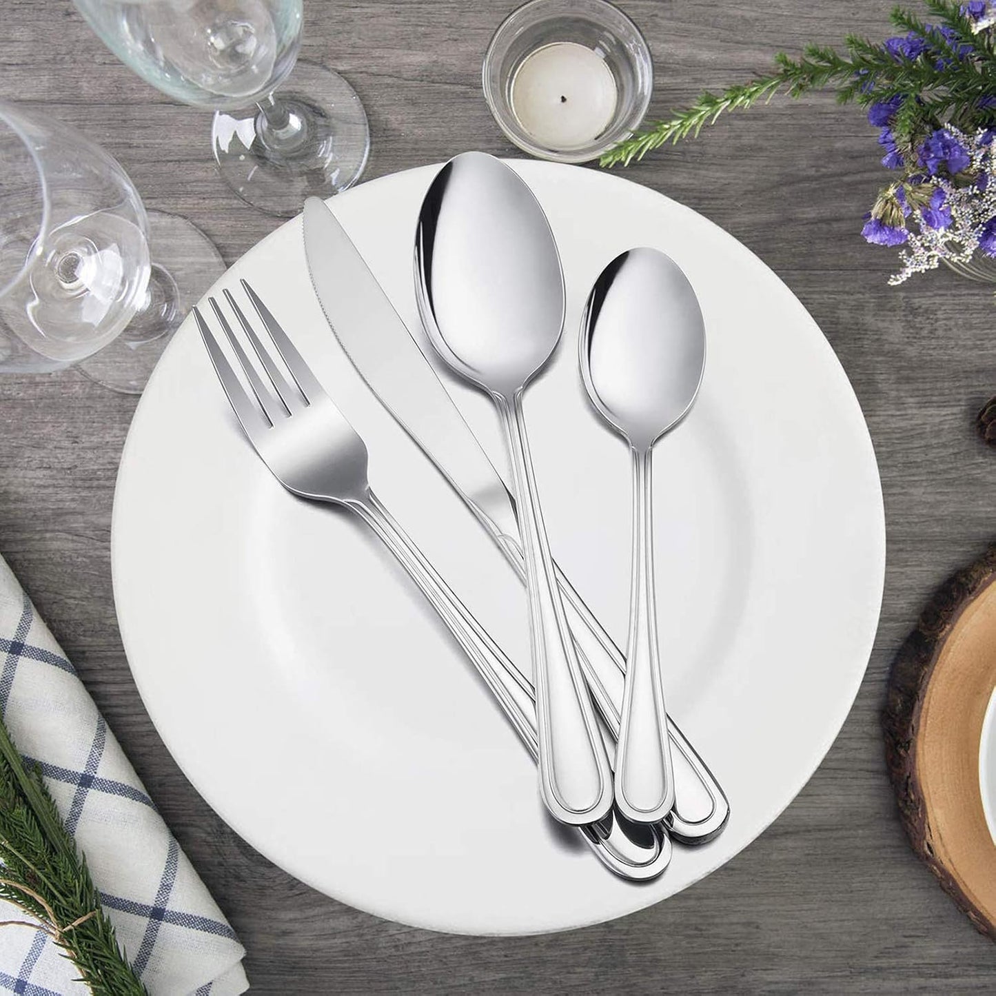 60-Piece Silverware Set, E-far Stainless Steel Classic Flatware Cutlery Set, Eating Utensils for Restaurant Hotel Party, Service for 12, Mirror Finish, Dishwasher Safe