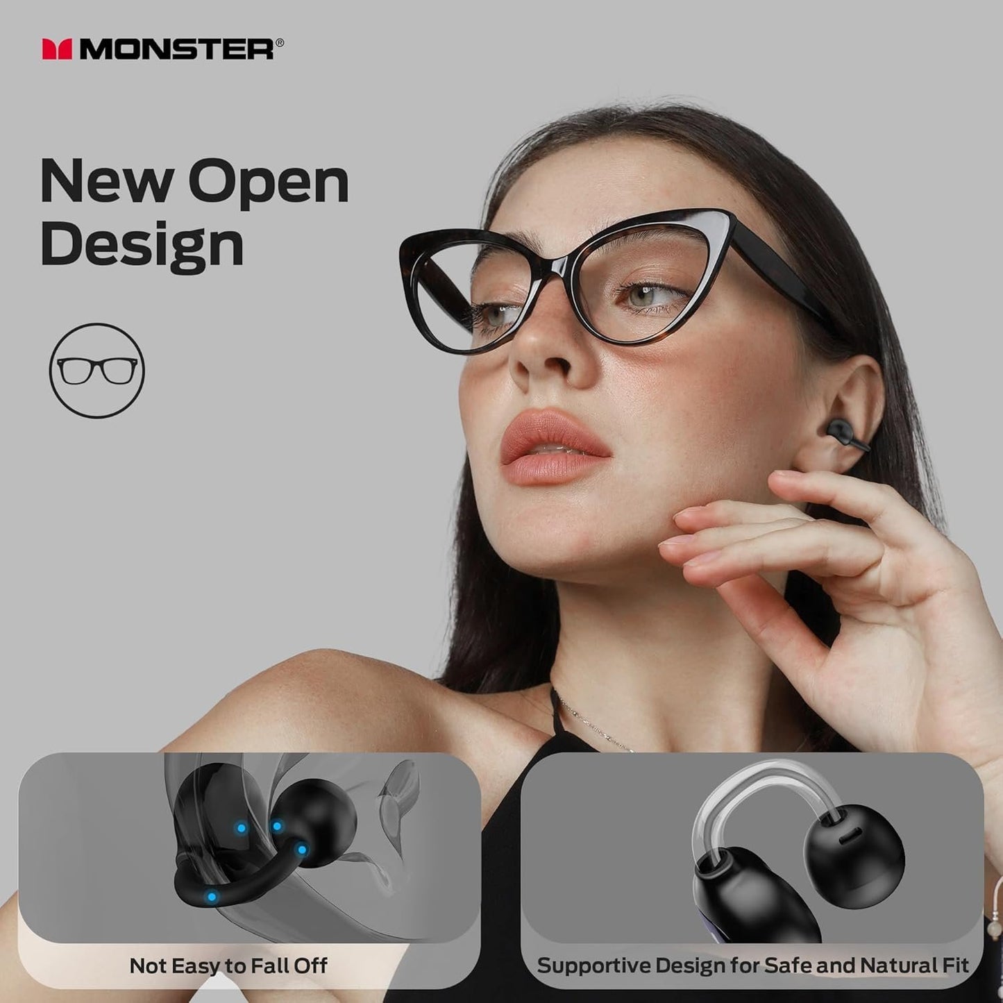 Monster Open Ear AC339 Headphones, Bluetooth 6.0 Earphones Stereo Sound, Open Ear Clip Wireless Earbuds 40 Hours Playback, with Smart Digital Display Design, Touch Control, IPX6 Waterproof
