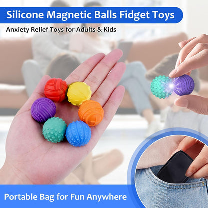 6Pcs Sensory Fidget Ball Toys, Magnetic Stress Balls, Rainbow Silicone Sensory Balls, Quiet Desk Toys for Adults and Children (B)