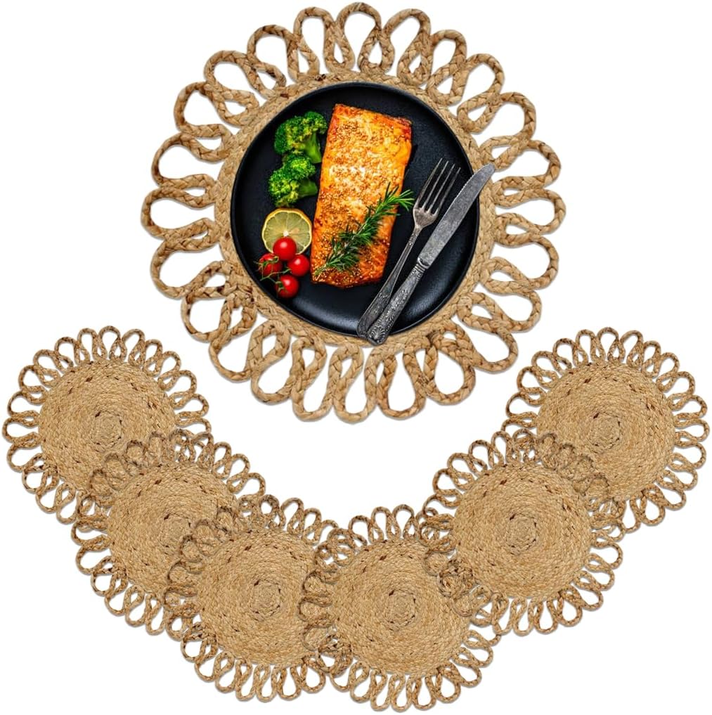 Jute Hand Braided Placemats Set of 6 | 14 Inches Artistic Round Tablemats for Kitchen Dining Table Top Sustainable Rug Mats & Dinner Table Plate Pads Mates Rustic Natural Fiber Vintage Natural Beige