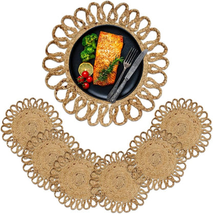 Jute Hand Braided Placemats Set of 6 | 14 Inches Artistic Round Tablemats for Kitchen Dining Table Top Sustainable Rug Mats & Dinner Table Plate Pads Mates Rustic Natural Fiber Vintage Natural Beige