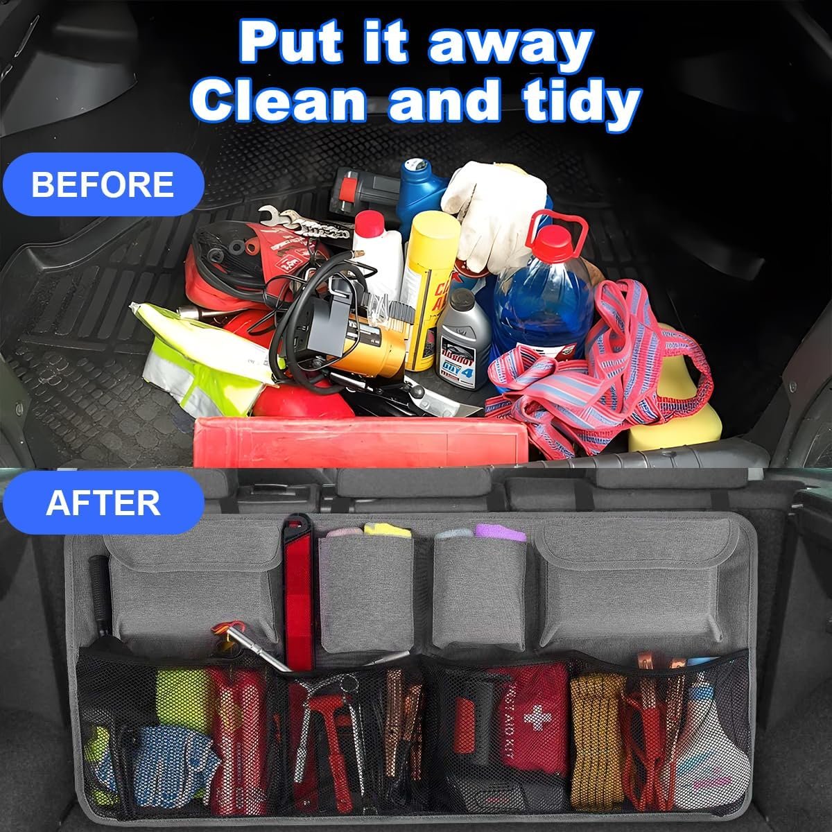 TSUGAMI Car Trunk Organizer, Super Capacity Collapsible Backseat Hanging Bag with Multiple Storage Pockets, Foldable Automotive Space Saving Accessories, Universal for Truck, SUV, RV (Gray)