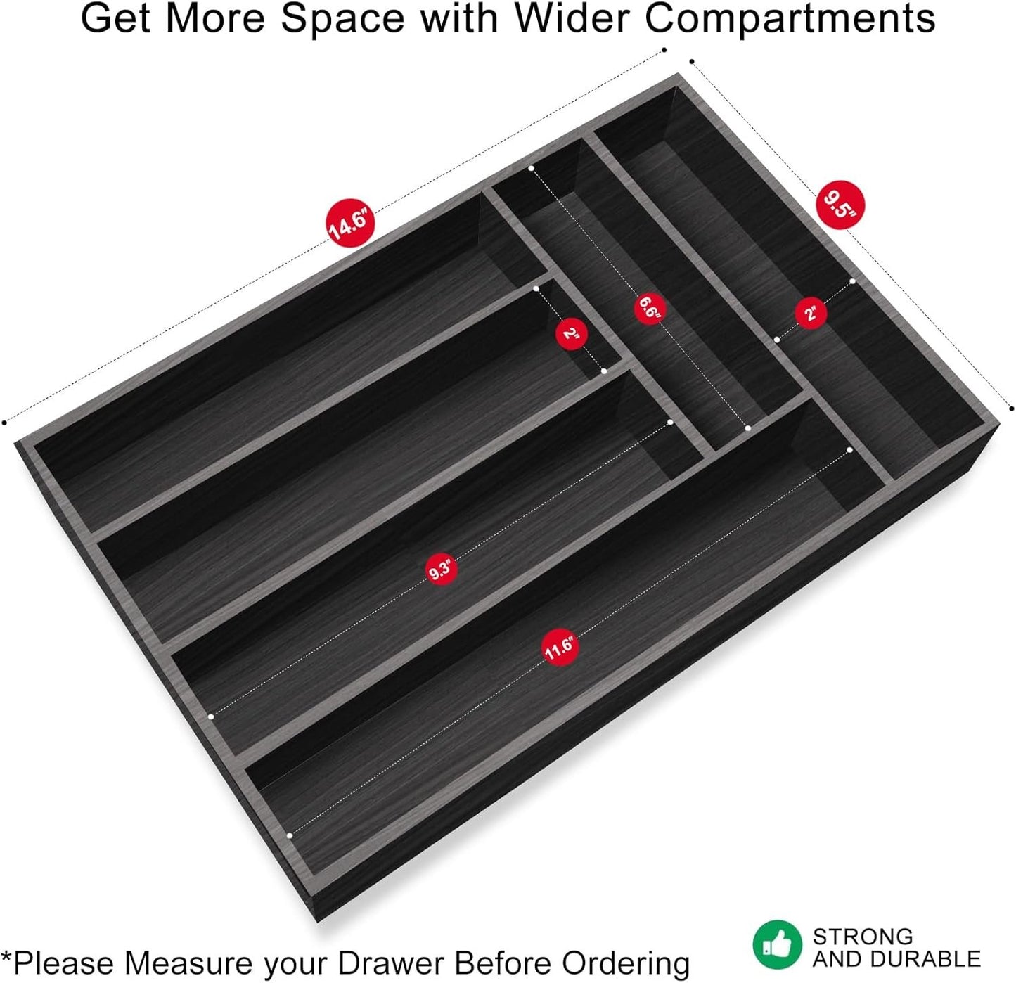 Kitchen Wood Utensil Tray Drawer Organizer, Wooden Cutlery Tray Silverware Drawer Divider 14.6"x9.5" Flatware Organizer Black Bamboo Silverware Tray Cutlery Utensil Holder for Drawer Tray