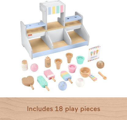 Fisher-Price Wood Pretend Play Toy Ice Cream Shop Set, 18-Piece Wooden Food Playset for Preschool Kids Ages 3+ Years