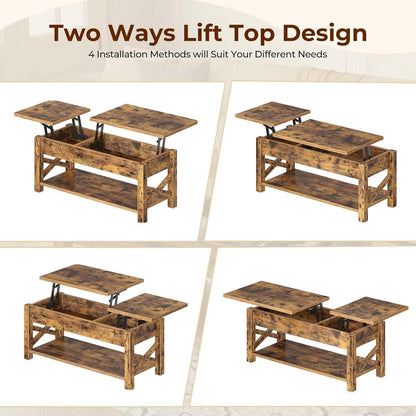 Rolanstar Coffee Table, 47.2" Lift Top Coffee Table with Hidden Compartment, 2 Way Lift Top Coffee Table with Open Shelf & X Wooded Support, Farmhouse Center Table for Living Room, Rustic Brown