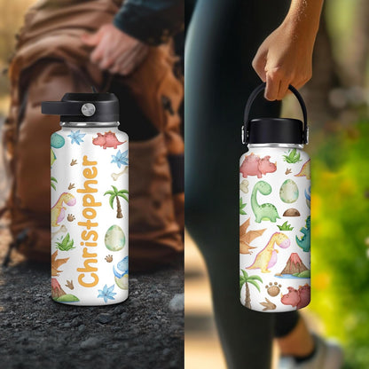 Hyturtle Personalized Dinosaur Water Bottle, Customized Name Dino Stainless Steel Insulated Sports Bottles Drinking Cups For Kids Toddler Boys Girls Back To School Cup With Lid 12 oz 18 oz 32 oz