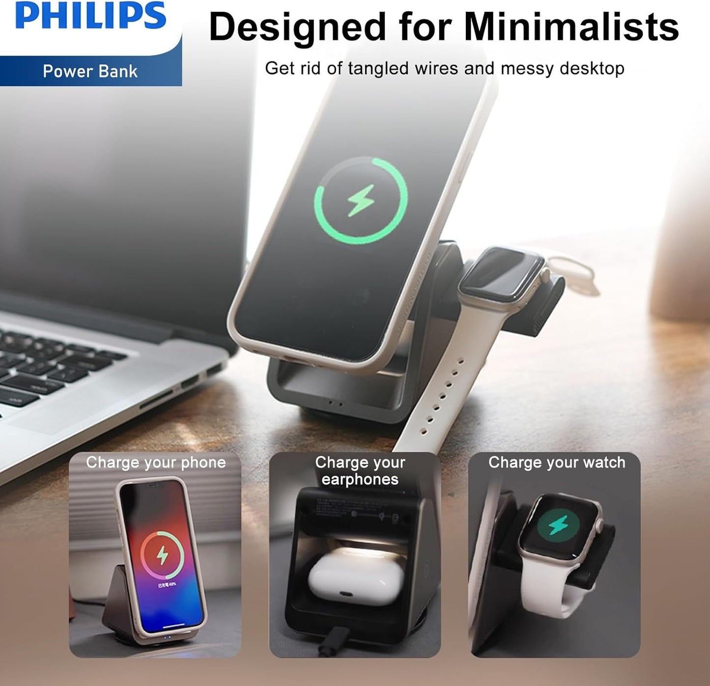PHILIPS 3 in 1 Wireless Charging Station with Magsafe Qi | iPhone/Samsung | iWatch | Airpod | Multiple Charger Devices Station| Desktop/Portable Foldable Reliable 3X Devices with Ring & Decal (V2.0)