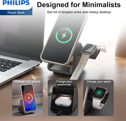 PHILIPS 3 in 1 Wireless Charging Station with Magsafe Qi | iPhone/Samsung | iWatch | Airpod | Multiple Charger Devices Station| Desktop/Portable Foldable Reliable 3X Devices with Ring & Decal (V2.0)