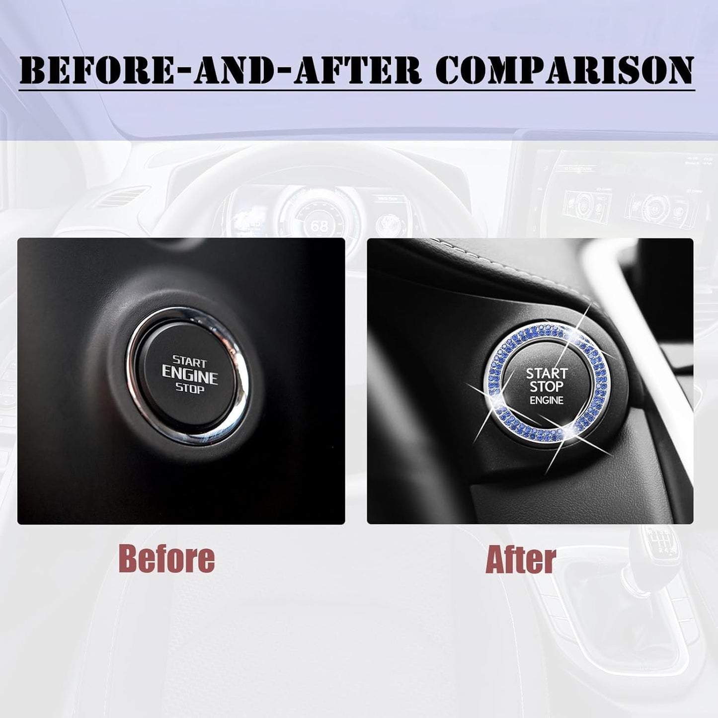 KAQISI 2 Pack Car Bling Crystal Rhinestone Engine Start Ring Decals, Car Push Start Button Cover, Key Ignition Knob Bling Ring, Sparkling Car Interior Accessories for Women (Blue)