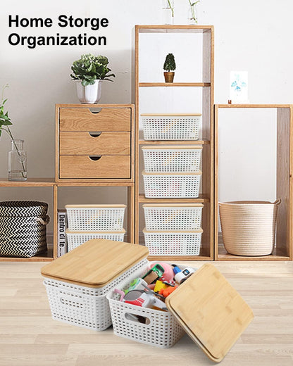 Storage Bins with Lids 6 Packs, Plastic Storage Bins with Bamboo Lids for Pantry Organization and Storage Containers for Shelves Drawers Desktop Closet Playroom Classroom Office Home, White