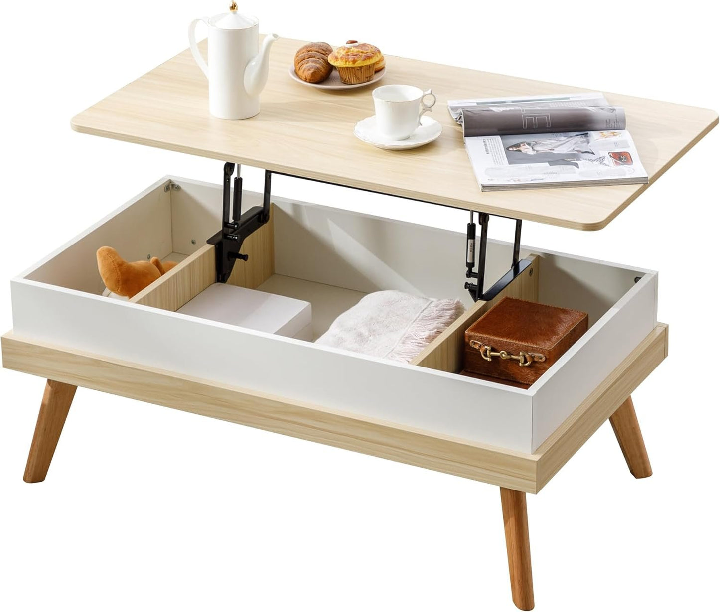 Forevich Coffee Table Lift Top Cabinet Fully Assembled with Hidden Storage Compartment Multi-Function Convertible Rising Tabletop Central Dining Table for Living Room Home Office Natural